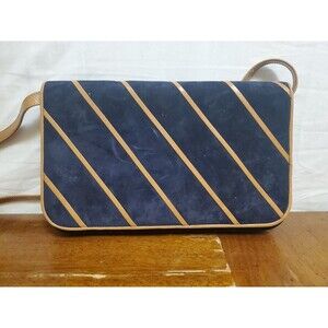 Natale Ferrario Crossbody Bag Purse Navy Blue Suede Brown Vintage Italian